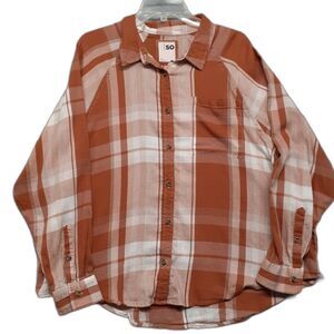 So Womens Size XL Rust Orange Plaid Long Sleeve Button Up Lightweight Shirt